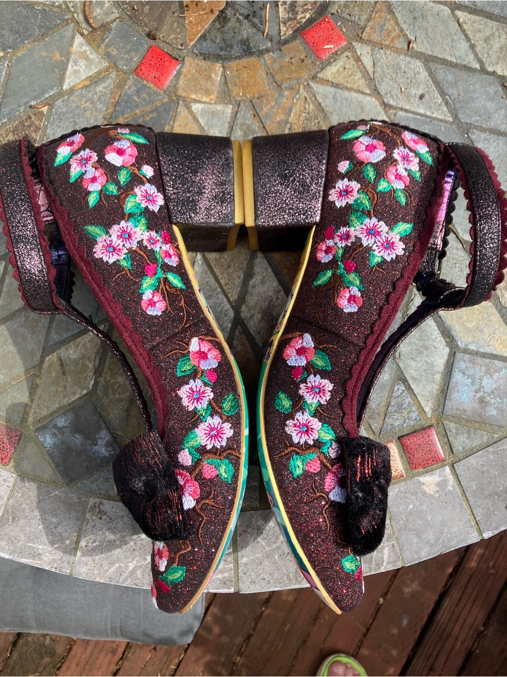 Irregular Choice Burgundy Floral T-Strap Heels with Bow, size 39 - Picture 2 of 9